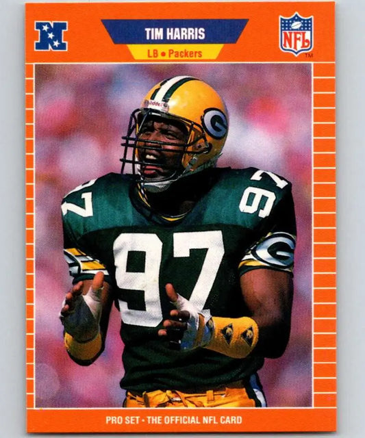 NFL trading card of Tim Harris, Green Bay Packers player, jersey number 97 in green uniform