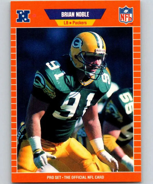 Football trading card of Green Bay Packers player Brian Noble in green and yellow uniform