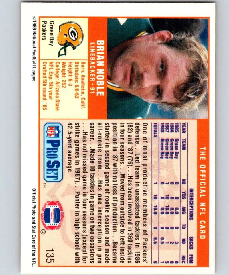 1989 Pro Set #135 Brian Noble Green Bay Packers Football Card collectible image