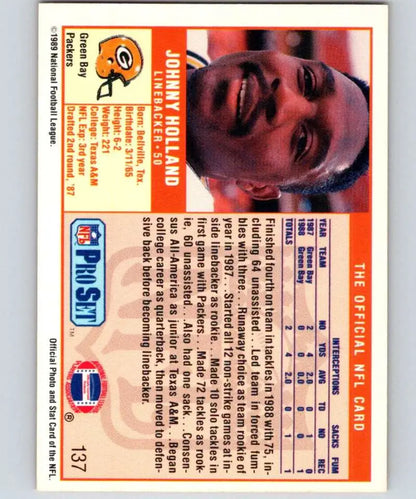 1989 Pro Set Johnny Holland football card featuring Green Bay Packers player