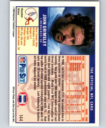 Baseball card showcasing 1989 Pro Set #144 John Grimsley from Houston Oilers