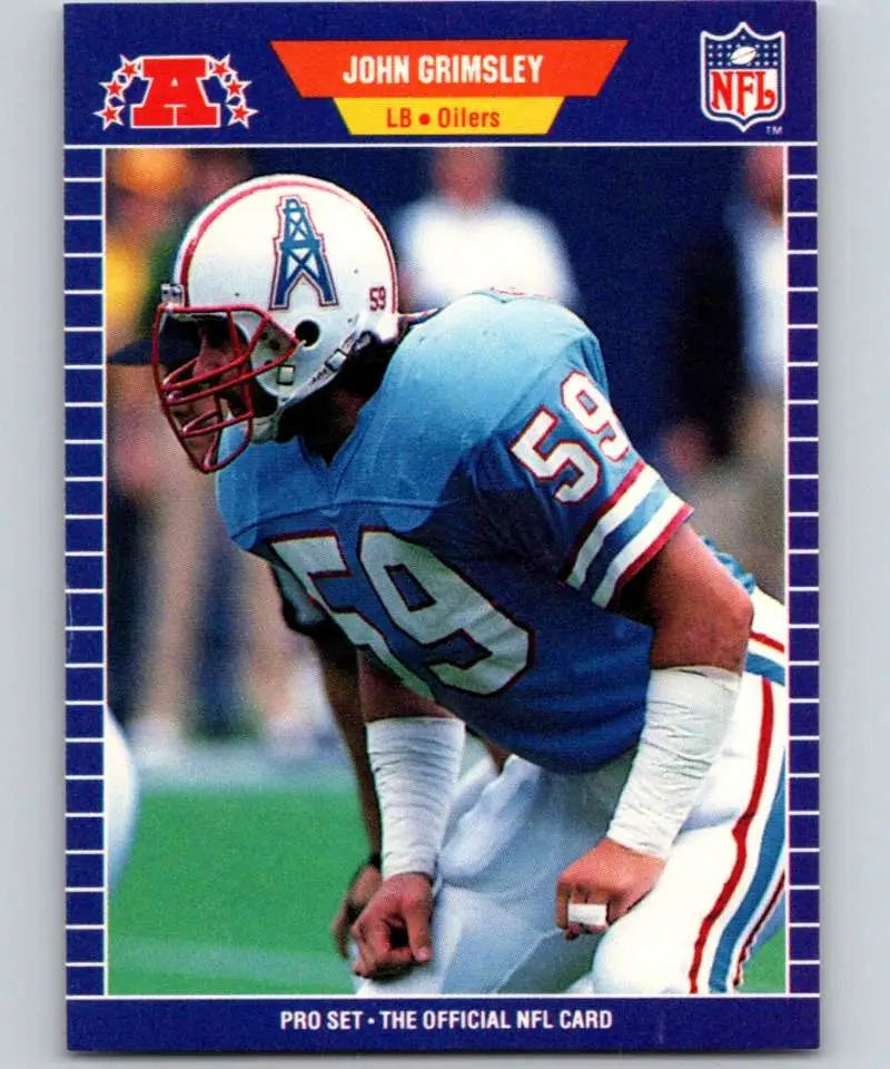 NFL trading card of John Grimsley, Houston Oilers linebacker in blue jersey 54