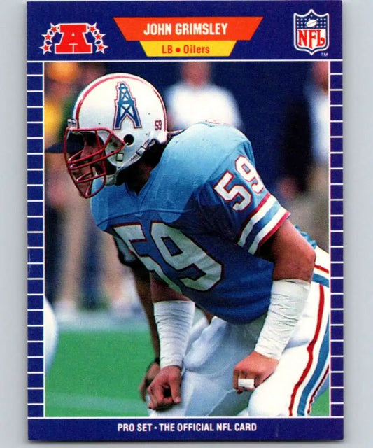 NFL trading card of John Grimsley, Houston Oilers linebacker in blue jersey 54