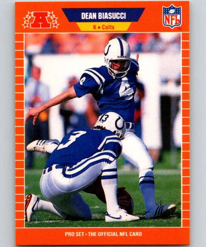 1989 Pro Set #156 Dean Biasucci Indianapolis Colts Football Card with kicker attempting field goal