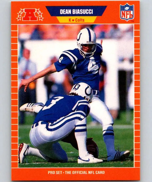 1989 Pro Set #156 Dean Biasucci Indianapolis Colts Football Card with kicker attempting field goal