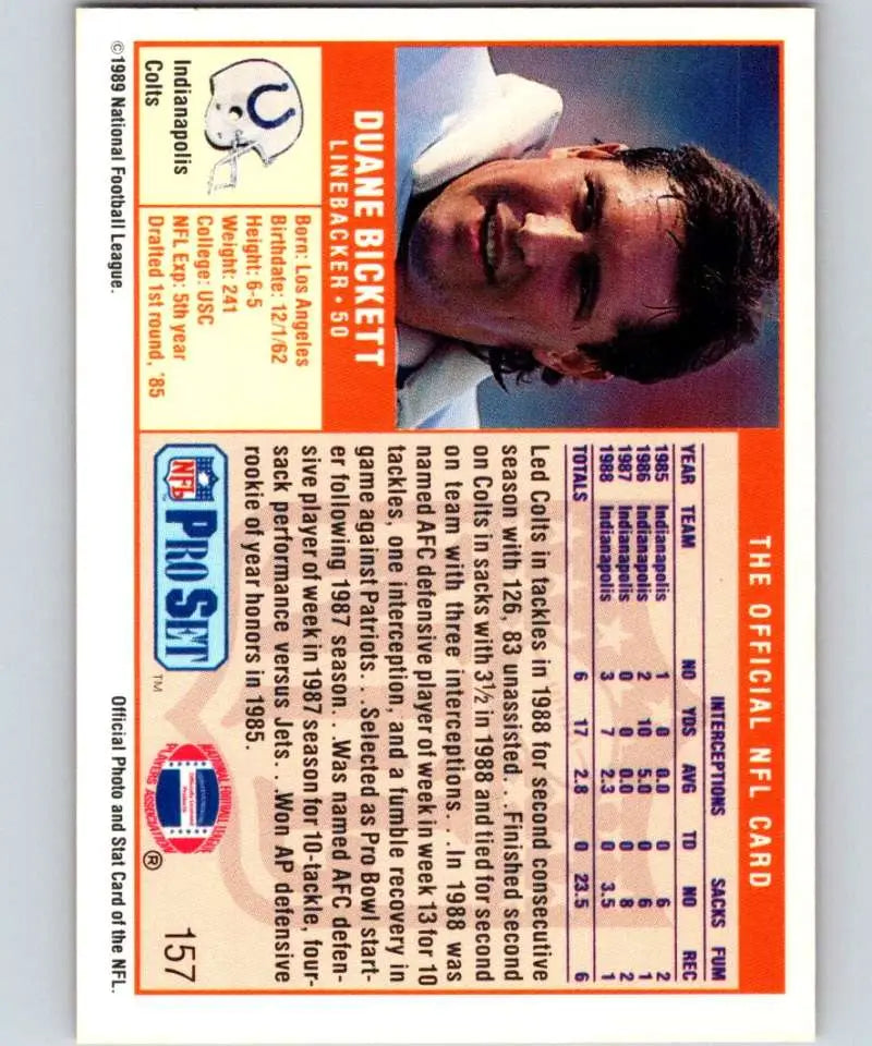 1989 Pro Set Duane Bickett NM-MT Indianapolis Colts Football Card display image