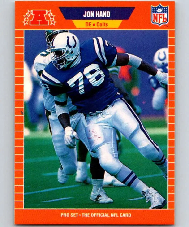 Football trading card of Jon Hand, Indianapolis Colts, 1989 Pro Set with orange border