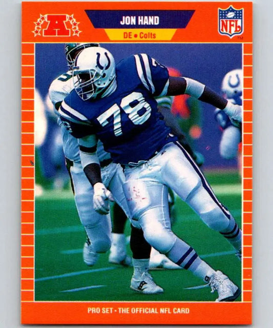 Football trading card of Jon Hand, Indianapolis Colts, 1989 Pro Set with orange border