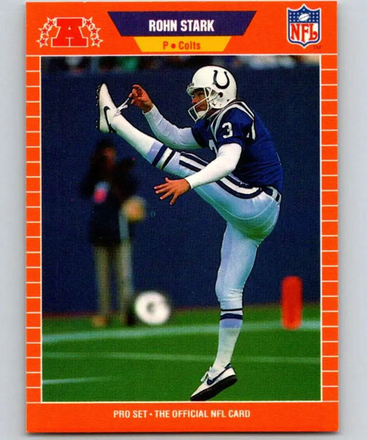 NFL football card featuring Rohn Stark of the Indianapolis Colts mid-kick in Pro Set