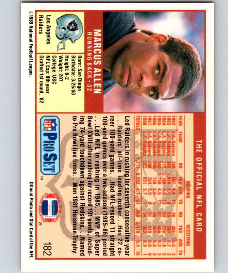 Vintage 1989 Pro Set #182 Marcus Allen Los Angeles Raiders Football Card in NM-MT condition