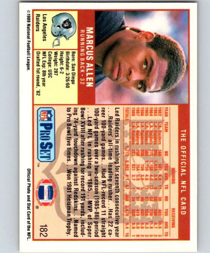 Vintage 1989 Pro Set #182 Marcus Allen Los Angeles Raiders Football Card in NM-MT condition