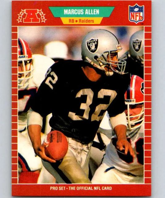 NFL trading card of Marcus Allen in black and silver Los Angeles Raiders uniform