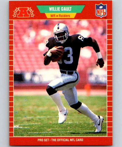 NFL trading card of Willie Gault in Los Angeles Raiders uniform running with football