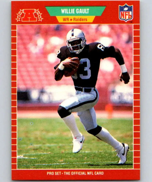 NFL trading card of Willie Gault in Los Angeles Raiders uniform running with football