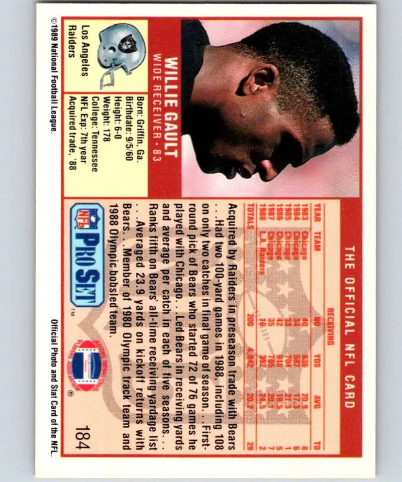 1989 Pro Set Willie Gault Los Angeles Raiders Football Card in NM-MT condition