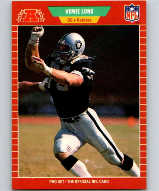 Los Angeles Raiders football card of Howie Long in rushing motion, 1989 Pro Set #186