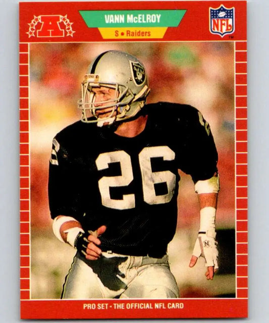 NFL trading card of Vann McElroy in Los Angeles Raiders classic black uniform, jersey 26