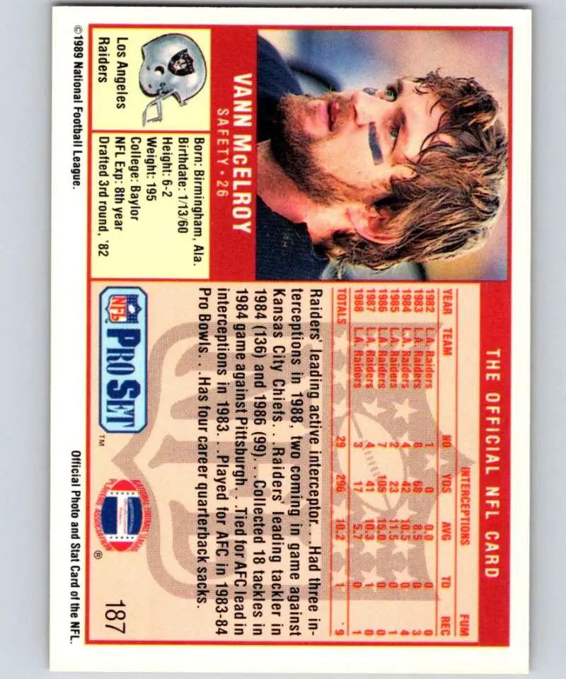 NFL Pro Set trading card of Vann McElroy from the Los Angeles Raiders Football team