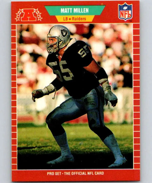 Red-bordered NFL trading card of Matt Millen, linebacker for Raiders, 1989 Pro Set