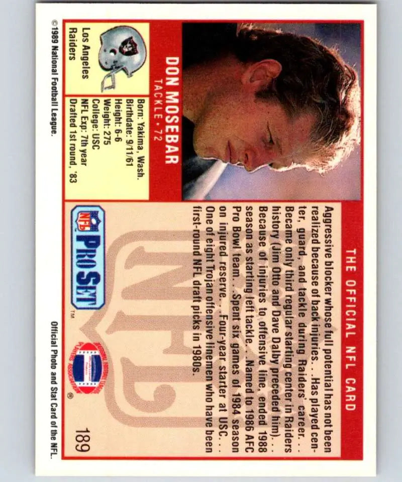 Football trading card of Don Mosebar from the Los Angeles Raiders Pro Set collection