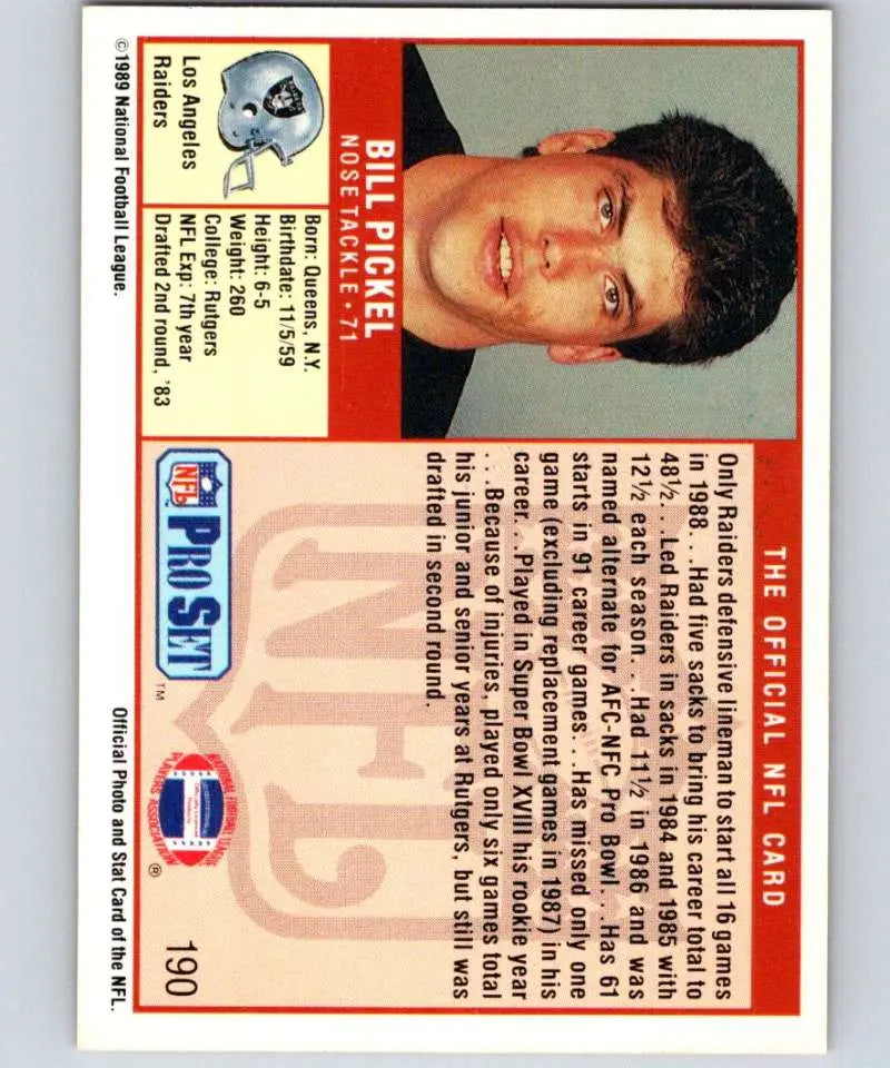 Vintage 1989 Pro Set football card featuring Bill Pickel of the Los Angeles Raiders