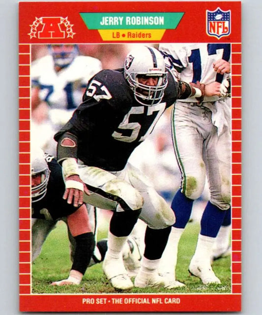 NFL trading card of Jerry Robinson in black and silver Los Angeles Raiders uniform