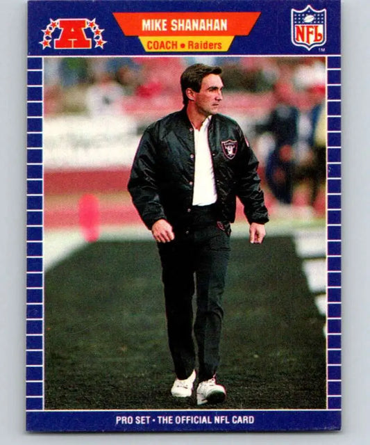 NFL trading card of Mike Shanahan in Los Angeles Raiders jacket, Pro Set 1989