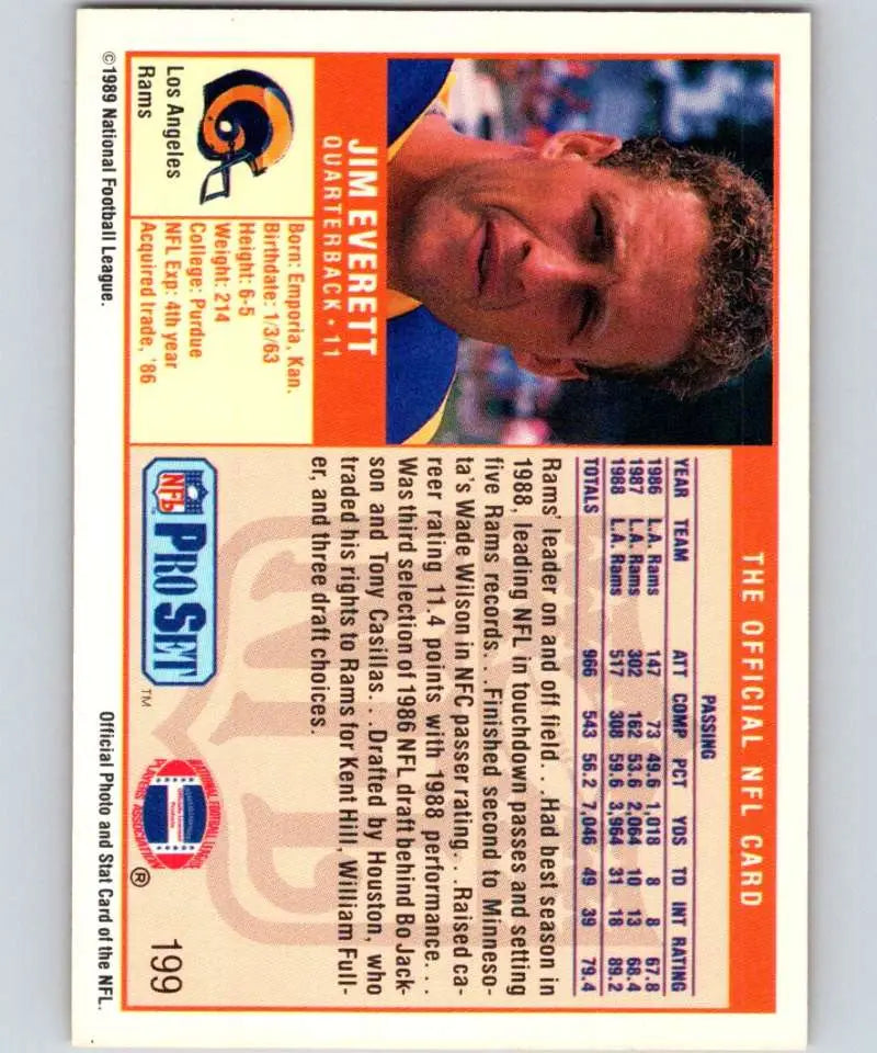 Vintage NFL Pro Set football card back featuring Jim Everett stats and Los Angeles Rams details