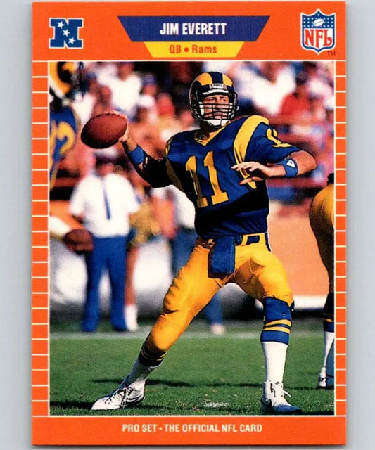 NFL trading card of Jim Everett with the Los Angeles Rams in yellow and blue uniform