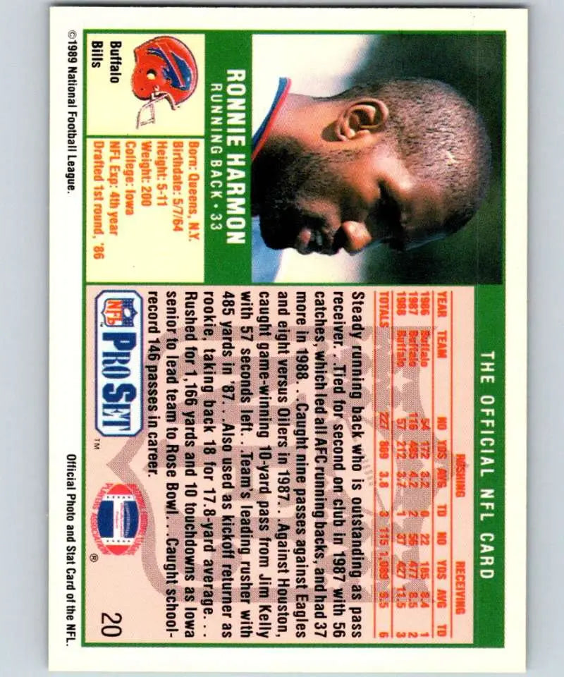 1989 Pro Set Ronnie Harmon Buffalo Bills Football Card vintage trading card