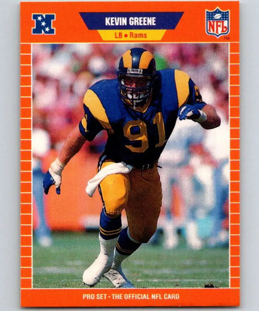 NFL trading card of Kevin Greene in Los Angeles Rams yellow and blue uniform