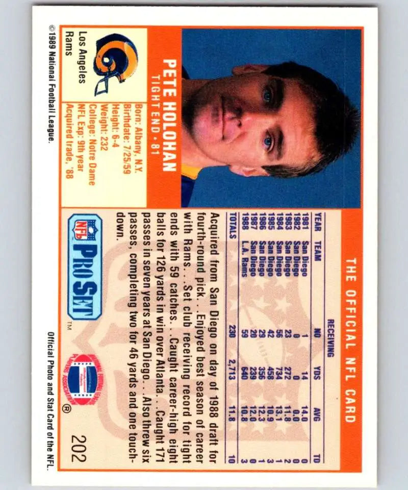 1989 Pro Set #202 Pete Holohan Football Card showcasing Los Angeles Rams player
