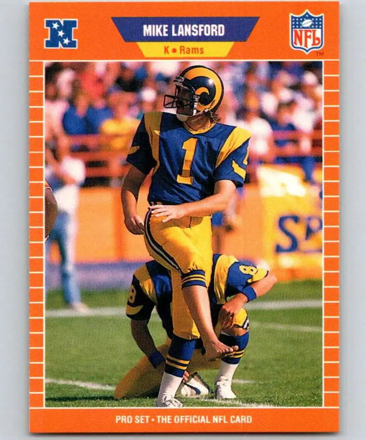 NFL trading card featuring Mike Lansford of the Los Angeles Rams in Pro Set design