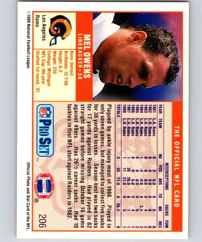 1989 Pro Set #206 Mel Owens Los Angeles Rams Football Card in NM-MT condition