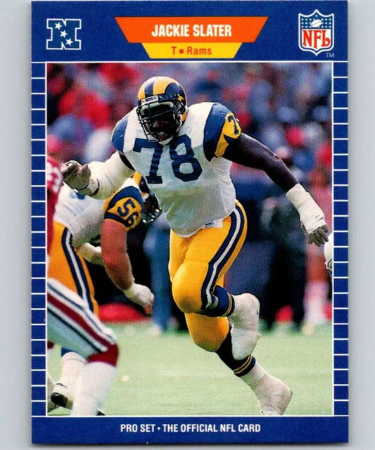 Football card of Jackie Slater rushing for Los Angeles Rams in yellow and blue uniform