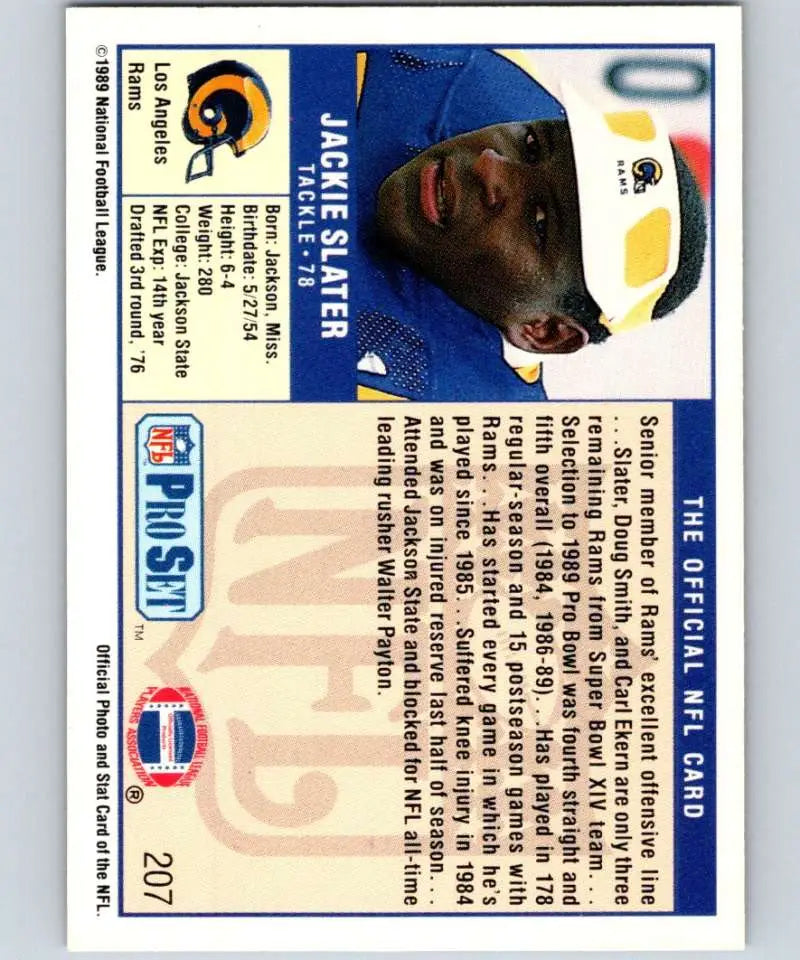 NFL Pro Set football card featuring Los Angeles Rams Jackie Slater, 1989 Pro Set #207