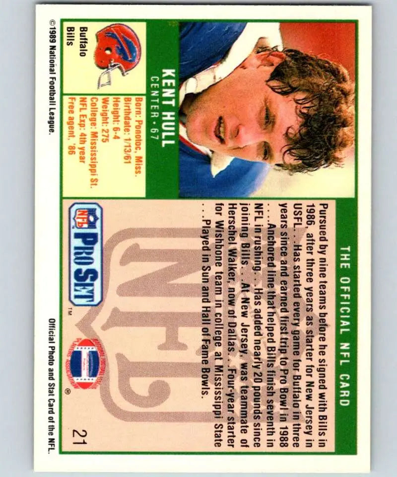Kent Hull 1989 Pro Set Rookie Card featuring Buffalo Bills team collectible
