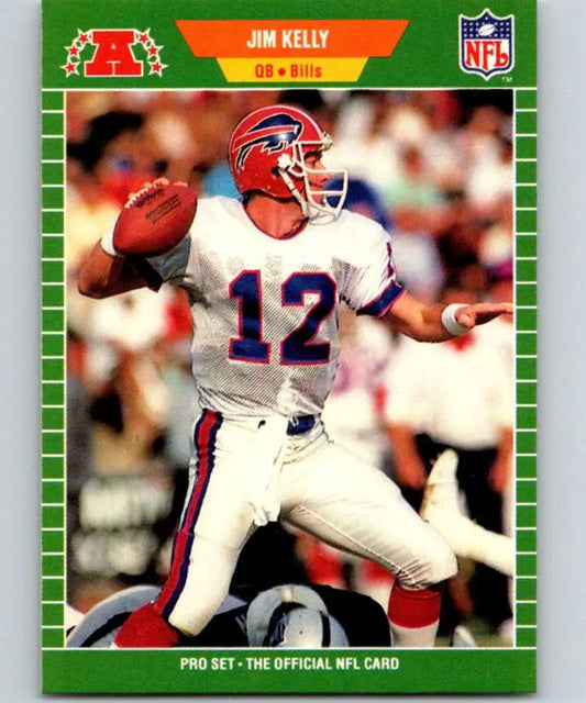 NFL trading card of Jim Kelly in white Buffalo Bills uniform, Pro Set collectible