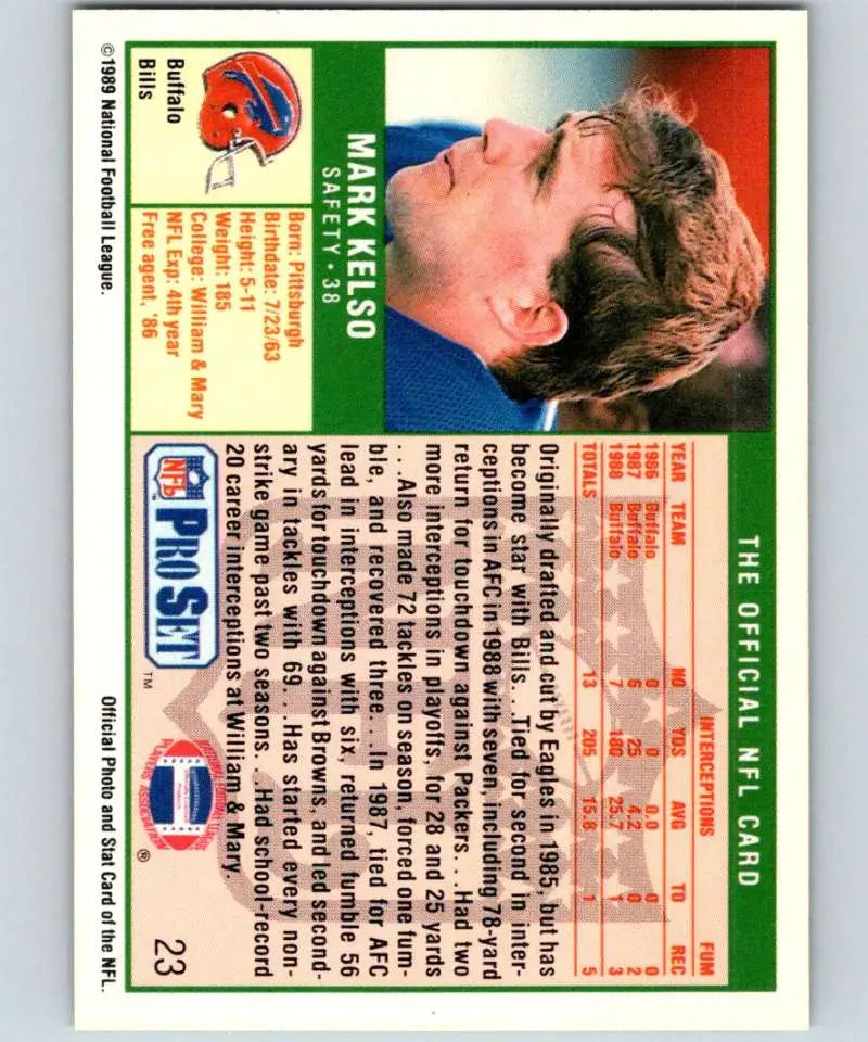 Vintage Mark Kelso Buffalo Bills football trading card from the 1989 Pro Set collection
