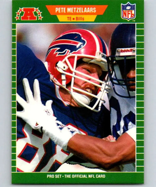 NFL trading card of Pete Metzelaars from the Buffalo Bills making a catch in red helmet