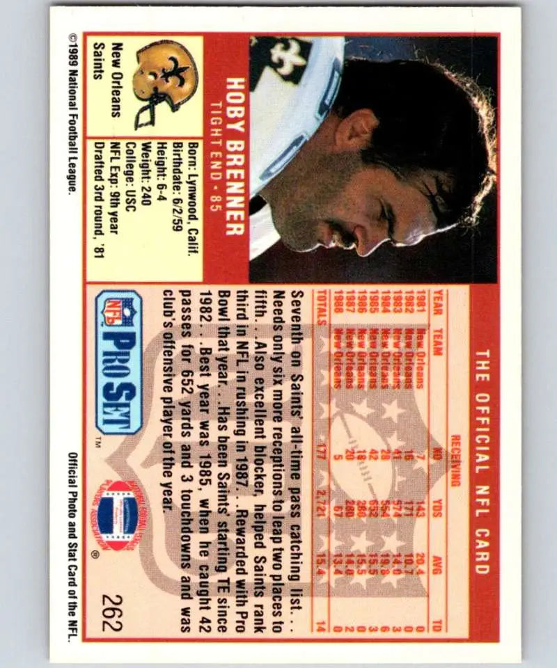 Vintage 1989 Pro Set #262 Hoby Brenner New Orleans Saints Football Card collectible