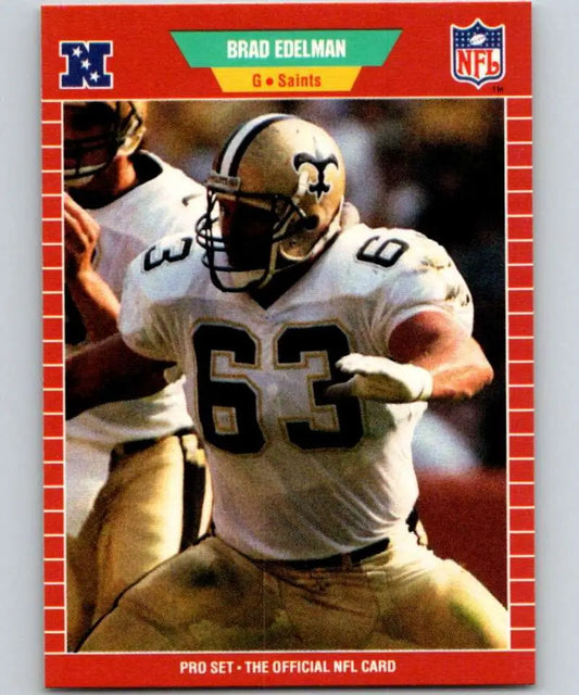 NFL trading card of Brad Edelman, New Orleans Saints player in white and gold uniform