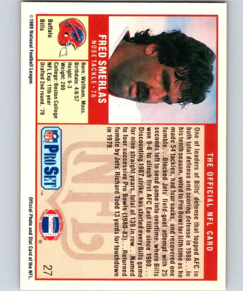 Buffalo Bills Football Card featuring Fred Smerlas from 1989 Pro Set in NM-MT condition