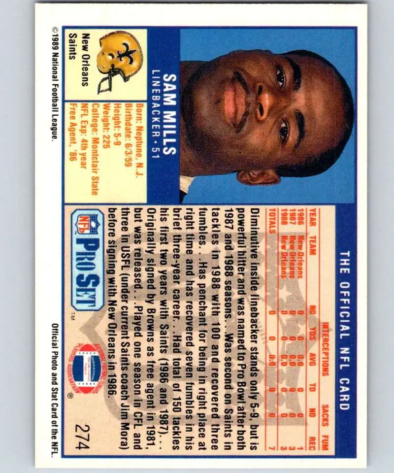 Sam Mills NFL Pro Set trading card featuring New Orleans Saints linebacker