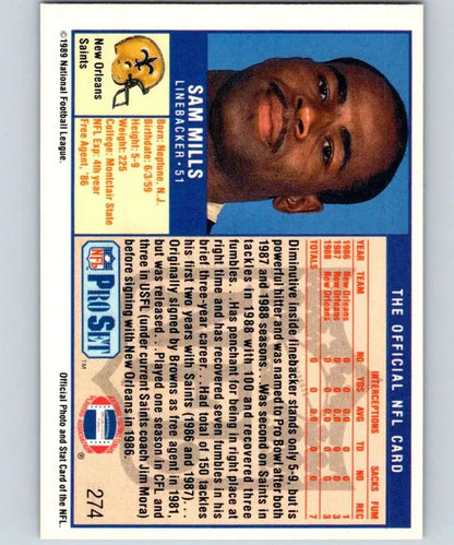 Sam Mills NFL Pro Set trading card featuring New Orleans Saints linebacker
