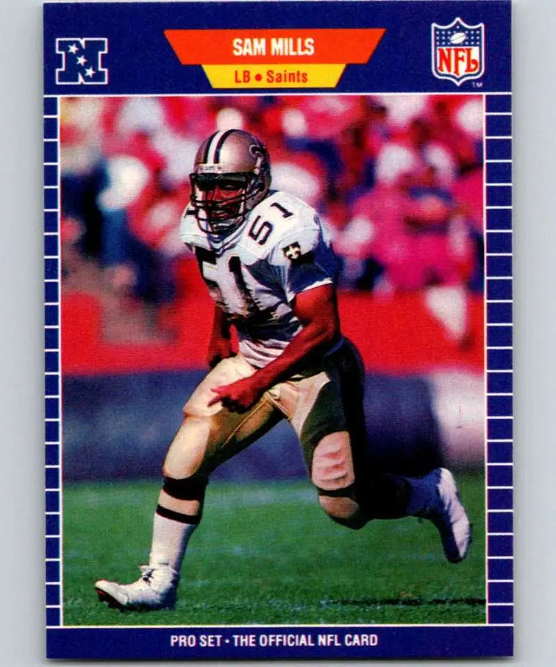 NFL trading card of Sam Mills, Orleans Saints linebacker in Pro Set black and gold uniform
