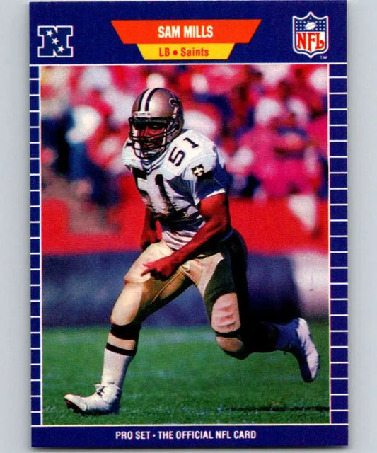 NFL trading card of Sam Mills, Orleans Saints linebacker in Pro Set black and gold uniform