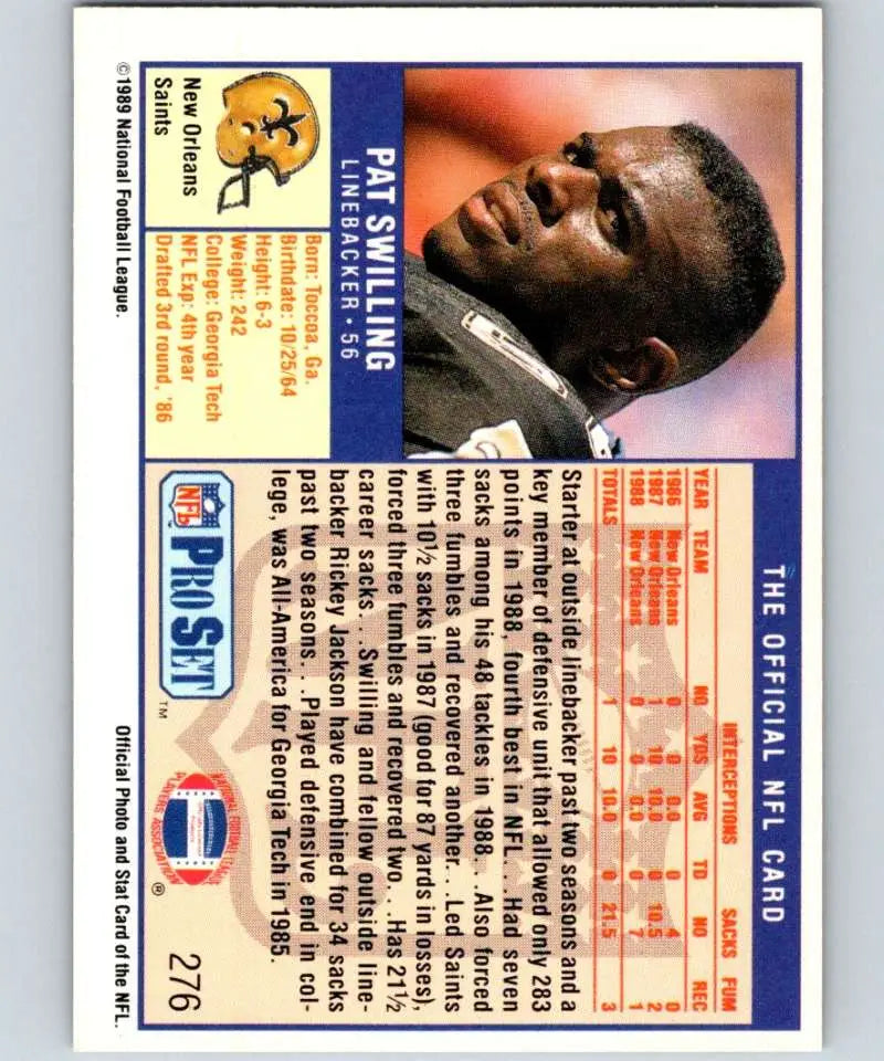 NFL Pro Set football card of Pat Swilling from the New Orleans Saints, early 1990s