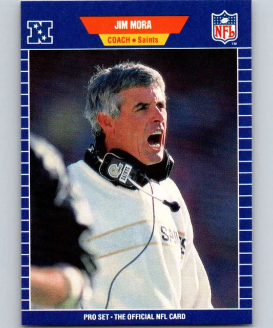 NFL Trading Card of Jim Mora in headset and jacket for New Orleans Saints Football Card