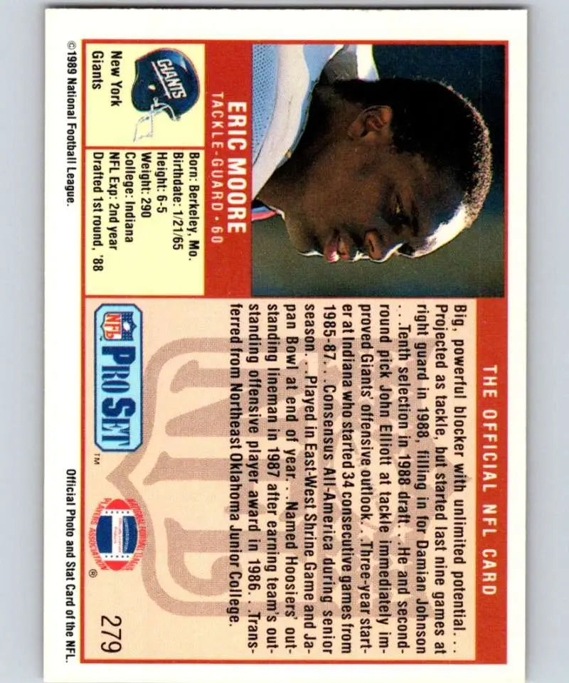 NFL Pro Set trading card featuring Eric Moore in New York Giants dark uniform